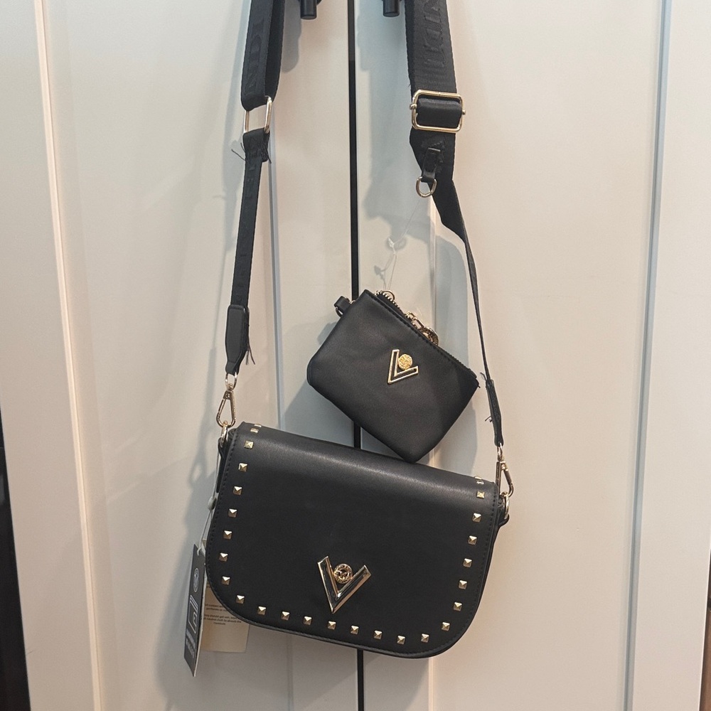 Black Studded Valentino Orlandi Crossbody Bag with Coin Pouch NEW